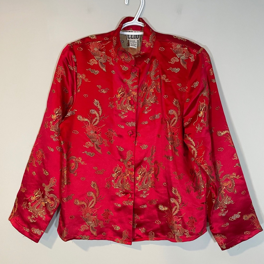 CLIO Red Satin Dragon Phoenix Print Mandarin Collar Button Up Top‎ Jacket Size M